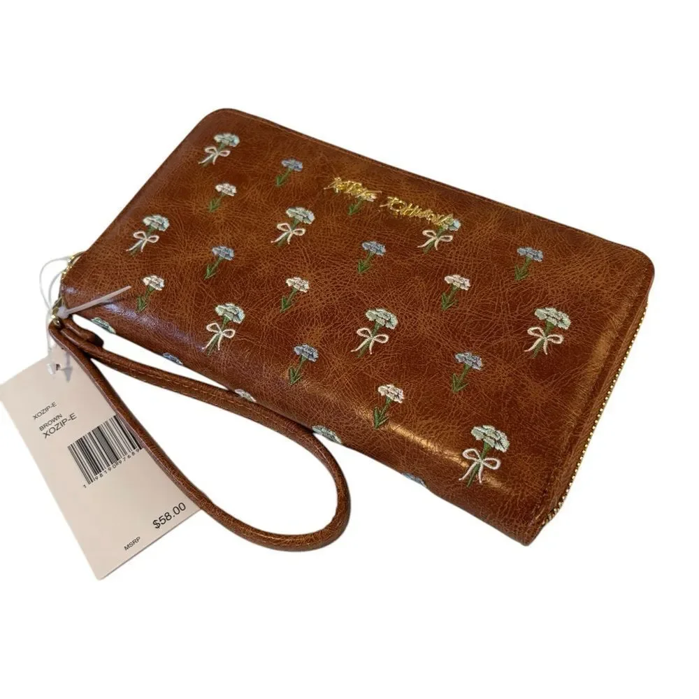 Brown Floral Women's Wallet w/ Blue & White Embroidered Flowers. Very Pretty